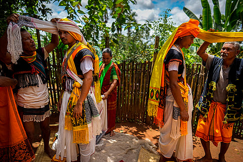Tiwa tribal boys in traditional attire